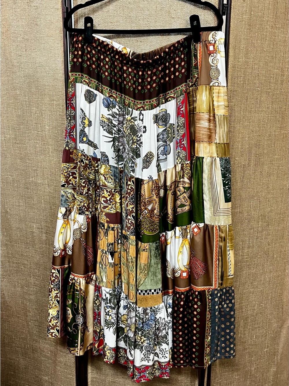 Rianna + Nina Luxurious Silk Patchwork Maxi Tiered Skirt Multi